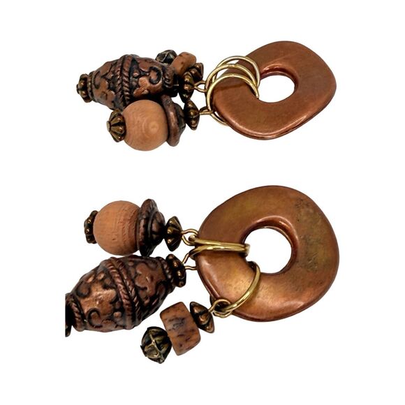 Vintage Copper Tone Bohemian Dangle Earrings 2" Beaded Boho Chic Hippie Ethnic - Picture 4 of 9
